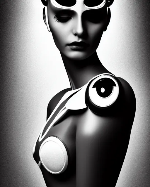 Prompt: surreal mythical dreamy dark artistic black and white fine art 3 / 4 fashion portrait photo of a young beautiful delicate female robot with orchid - owl face, rim light, cinematic, studio dramatic light, poetic, masterpiece, octane render, 8 k, photo - realistic by hg giger