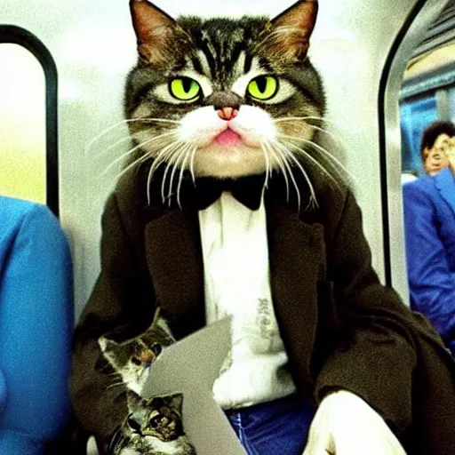 Prompt: “ a angry cat wearing a suit riding the subway in new york city, studio ghibli, spirited away, by hayao miyazaki ”