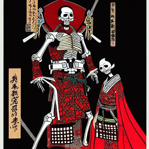 Image similar to portrait of a skeleton samurai and his beautiful Japanese wife by Toshio Saeki, high detailed