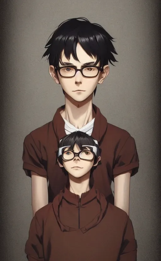 Prompt: skinny boy teenager with glasses and shaggy black hair, art by studio ghibli and j. c. leyendecker and greg rutkowski and artgerm and ilya kuvshinov, portrait, d & d, fantasy, highly detailed, digital painting, headshot, trending on artstation, concept art, sharp focus, illustration