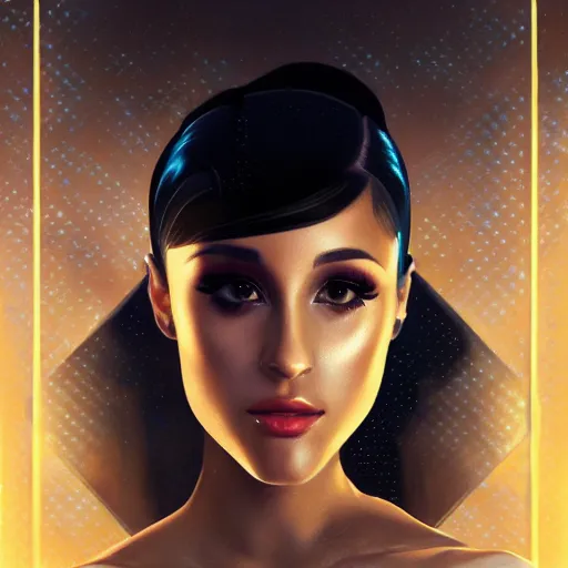 Image similar to portrait of a bladerunner art deco ariana grande with a grid of light falling on her face, sci-fi, intricate lighting, elegant noir, highly detailed, full-body-shot, digital painting, studio portrait, artstation, smooth, sharp focus, illustration, art by artgerm and greg rutkowski and Charlie Bowater