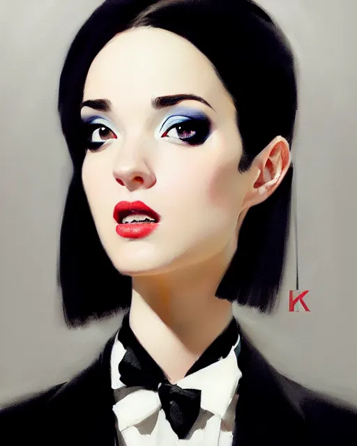 Image similar to a ultradetailed beautiful portrait panting of a stylish woman wearing a black tuxedo, she has a crazy looking expression, white background, oil painting, by ilya kuvshinov, greg rutkowski and makoto shinkai, trending on artstation