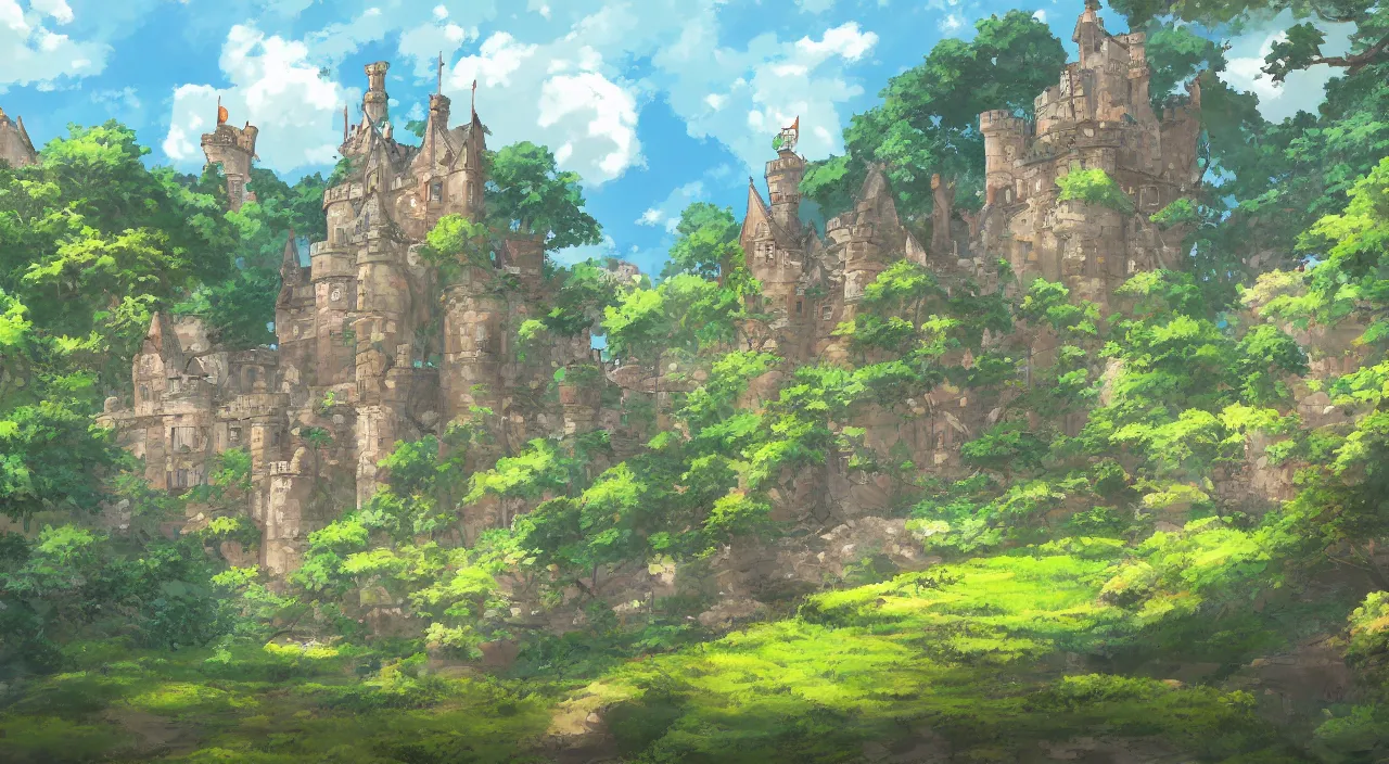 Prompt: a landscape painting of a British castle, with a garden, in the style of anime, by Studio Ghibli, trending on artstation