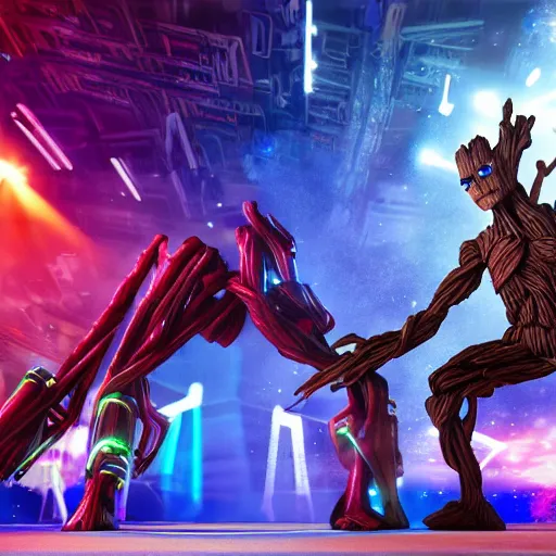 Image similar to groot and optimus prime dancing at techno party among people, wide shoot, after effect ultra realistic 3 d