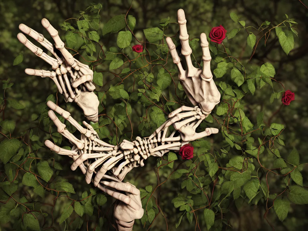 Image similar to a skeleton hand reaching out of the ground, roses and vines sprouting and wrapping around the hand, kintsugi, ornamented diaphanous jewelry, forest in background, 4k, trending on artstation, photorealistic, volumetric lighting, octane render,