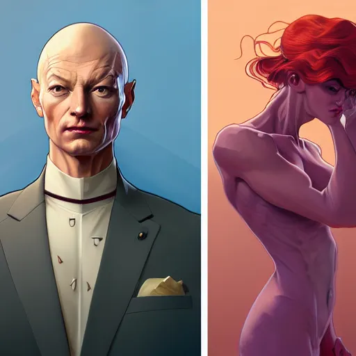 Image similar to character concept portrait of professor xavier beautiful voluminous muscular tall healthy and virtuous. modestly clothed, intricate, elegant, highly detailed, digital painting, artstation, concept art, symmetry, smooth, sharp focus, illustration, art by mandy jurgens and alphonse mucha and alena aenami