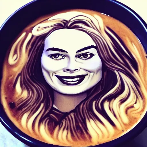 Prompt: photo of a cup of coffee with margot robbie latte art, highly detailed