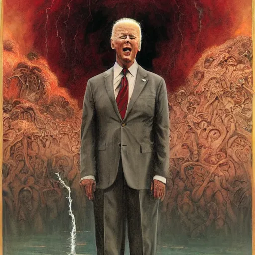 Image similar to terrifying, surreal portrait of joe biden standing up to his shoulders in turbulent, shadowy water by j. c. leyendecker, bosch, william blake, stephen gammell, jon mcnaughton, and beksinski