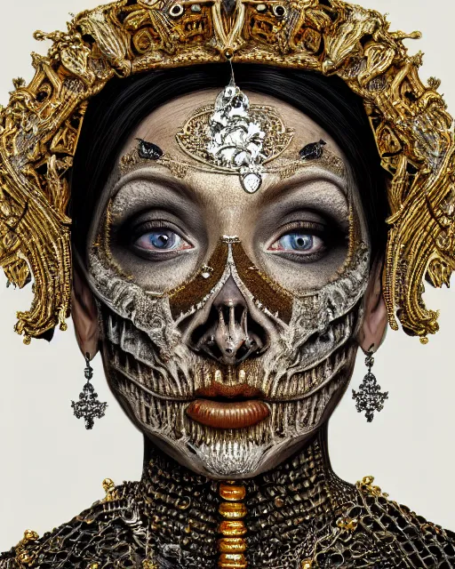 Prompt: realistic portrait of a queen of bones, dark, gold, silver ornaments, facing camera, photo realistic, detailed, 1 4 5 0, delicate, hyper realism, ultra realistic, 8 k