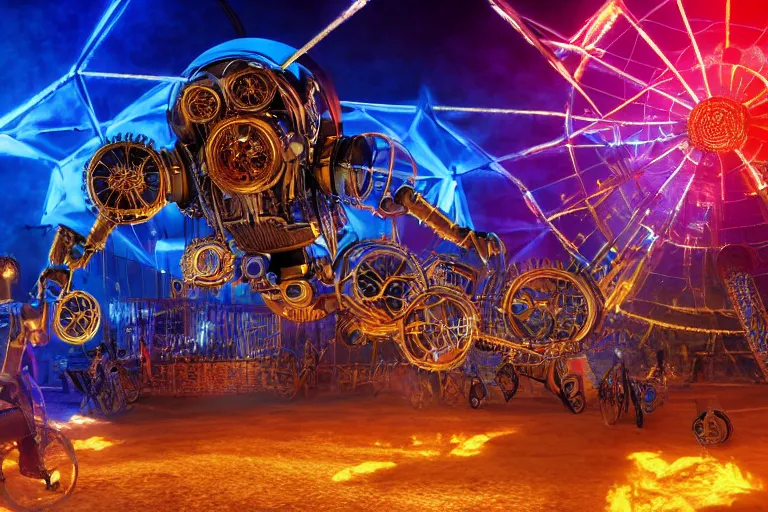 Prompt: scene is burning man festival, portrait photo of a stagediving giant huge golden and blue metal futuristic steampunk robot, with gears and tubes, eyes are glowing red lightbulbs, audience selfie, shiny crisp finish, 3 d render, 8 k, insaneley detailed, fluorescent colors, haluzinogetic, background is multicolored lasershow