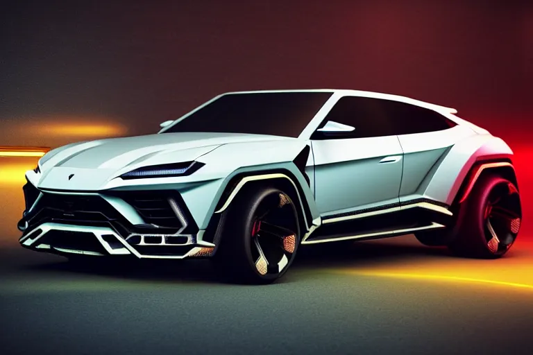 Image similar to cyberpunk lamborghini urus concept inspired sports car, futuristic look, highly detailed body, very expensive, photorealistic camera shot, bright studio setting, studio lighting, crisp quality and light reflections, unreal engine 5 quality render