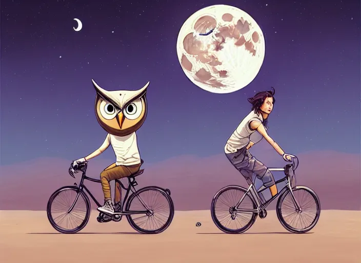 Image similar to a cell shaded cartoon owl riding a bicycle, with a big head, on a desert road, wide shot, in front of a big moon, muted colors, post grunge, josan gonzales, wlop, by james jean, victor ngai, hq, deviantart, art by artgerm