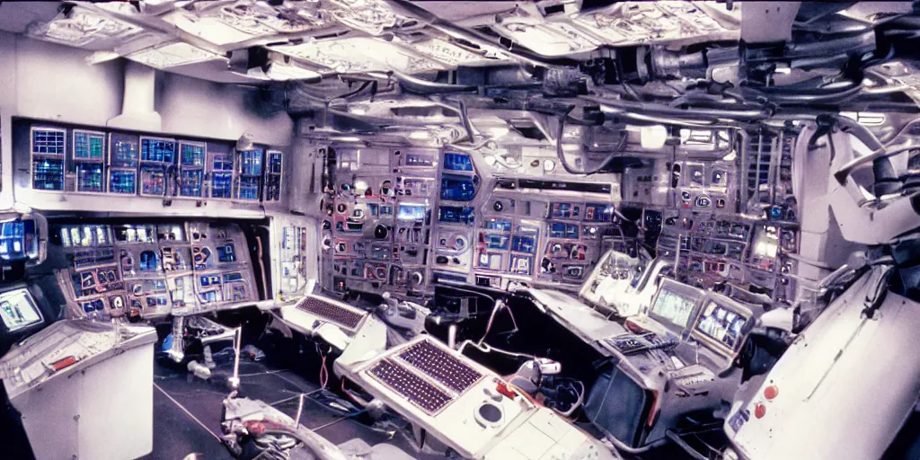 Image similar to colored film still of a machinery control room on a space ship freighter, ridley scott movie, 1 9 8 0 s sci - fi, claustrophobic, long tube, hardware, screens, controls,