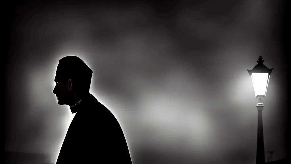 Prompt: portrait of a priest in profile under street light, fog, volumetric lighting, mystique, atmospheric, sharp focus, ultra detailed, noir art house, 4 k, cinematic, 3 5 mm