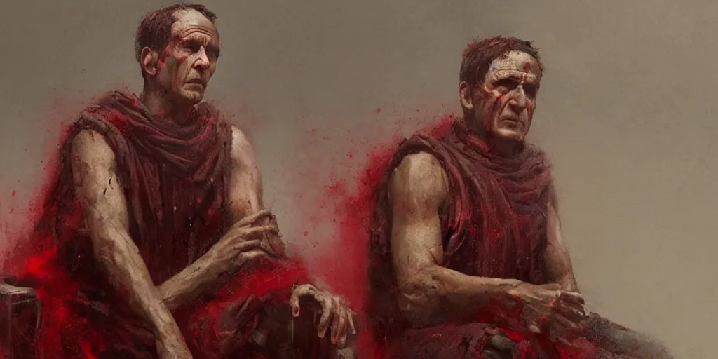 Image similar to the end is near. a tired julius caesar is sitting on his throne. face is highly detailed. splices of red are running down his toga. mist. color scheme red. low angle medium shot. imagined by jeremy lipking