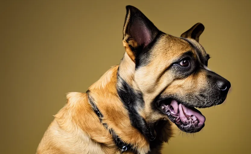 Image similar to studio photography of a dog sitting in front of a yellow background, detailed face, cinematic lighting, 8 k