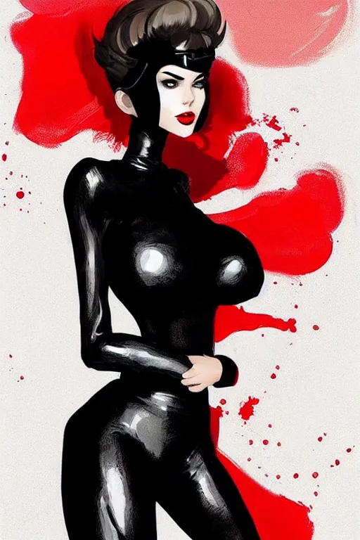 Prompt: dreamy girl character with perfect body in a nice black leather suit and red lips, very artistic pose, background in blurred, perfect lighting. professional design. great composition, illustration, highly detailed, digital painting, concept art, trending on artstation, by jeff lemire