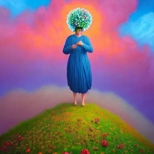 Image similar to giant flower head, frontal, woman standing on mountain, surreal photography, mist below, colorful clouds, impressionist painting, digital painting, artstation, rob gonsalves