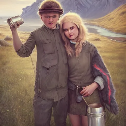 Image similar to a highly detailed portrait of a young couple from the side, holding a tin can, renote icelandic village, summer, blonde hair, muted colors, joy, by tom bagshaw, trending on artstation,