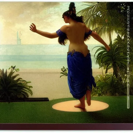 Image similar to Girl throwing gand signs at the palace, thunderstorm, pool, beach and palm trees on the background major arcana sky, by paul delaroche, alphonse mucha and arnold böcklin arnold böcklin hyperrealistic 8k, very detailed