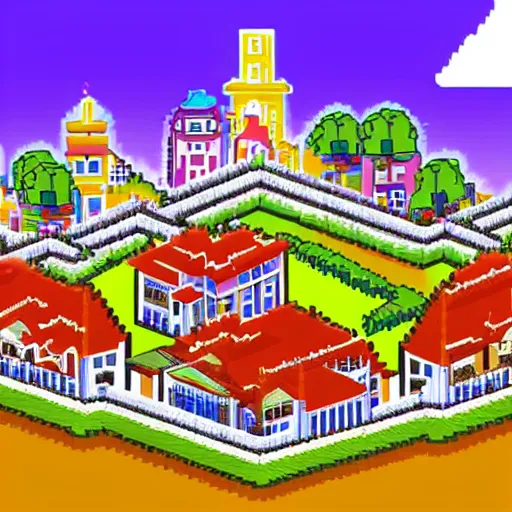 Prompt: Wealthy neighborhood overlooking a city with houses modeled after palaces and castles, bright sunshine and ribbon clouds, pixel art