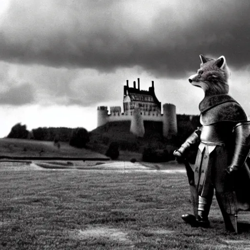 Image similar to anthropomorphic fox!! who is a medieval knight holding a swo - rd towards a stormy thundercloud [ 1 9 3 0 s film still ], ( castle in the background )