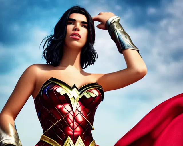 Image similar to Dua Lipa As Wonder Woman, Playboy Centerfold, Full Figure, 8K, octane render, HDR, photorealistic, volumetric lighting, Hyperrealistic-H 960