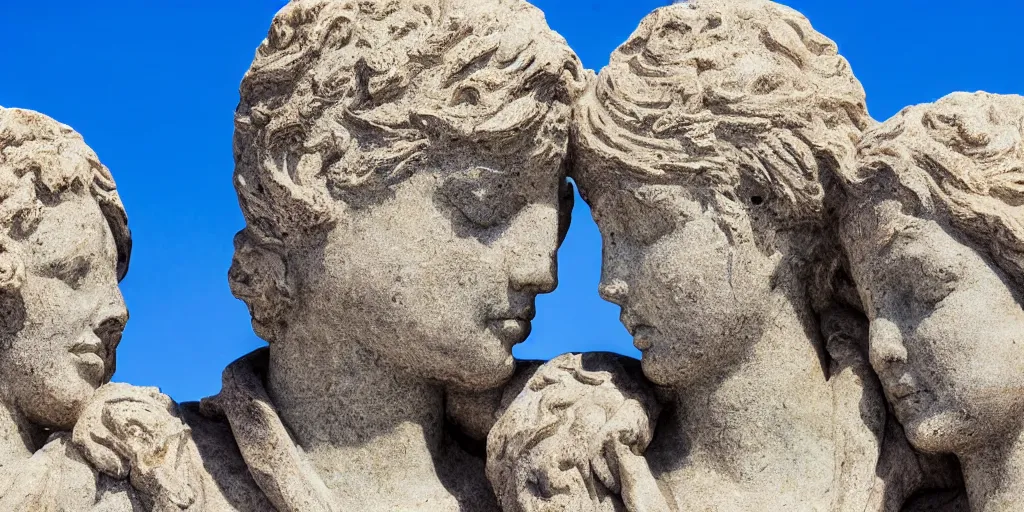 Image similar to a closeup shot of a stone made a statue of a couple with a blue sky