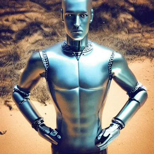 Image similar to “a realistic detailed photo of a guy who is an attractive humanoid who is half robot and half humanoid, who is a male android, Mike the Situation, shiny skin, posing like a statue, blank stare, at the beach, on display”