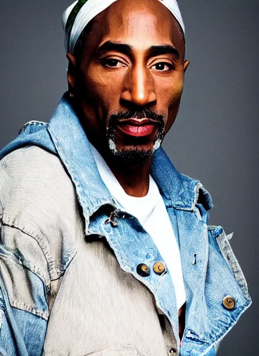 Image similar to dslr photo portrait still of 5 0 year old age 5 0 tupac at age 5 0, 8 5 mm f 1. 8, times magazine