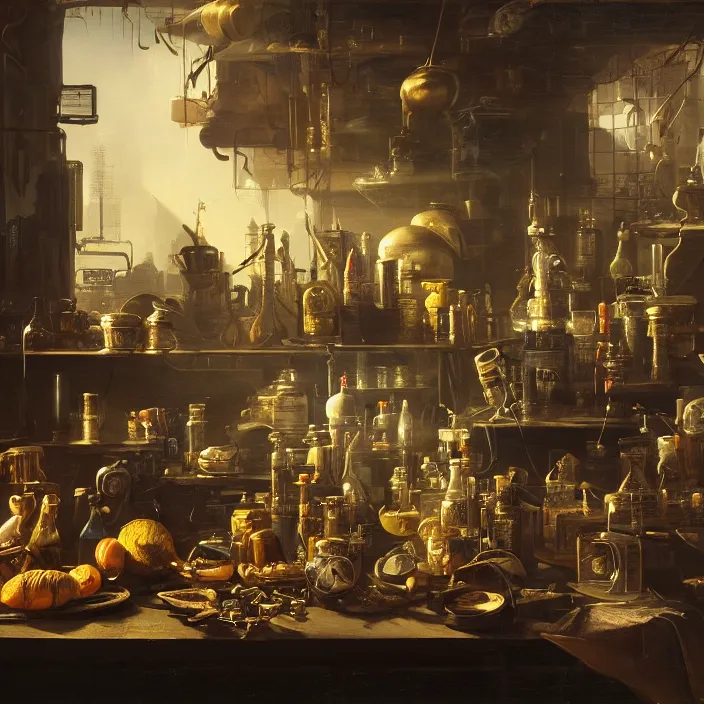 Image similar to still life photo of a cyberpunk junk shop by pieter claesz, oil on canvas, strong lighting, highly detailed, hyper realism, golden hour, god rays, hd, 4 k