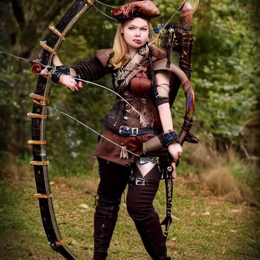 Image similar to full body photo of a steampunk female archer