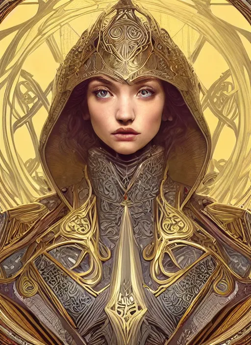 Image similar to symmetrical centered portrait, Imogen Poots as a D&D paladin, blonde hair, intricate metal armour, Art Nouveau, beautiful retro Fantasy heroine 1985, intricate, elegant, highly detailed, centered, digital painting, trending on artstation, concept art, smooth, sharp focus, illustration, art by raphael lacoste, eddie mendoza, Mucha, alex ross, WLOP