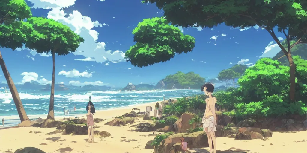 Prompt: a beach in rio de janeiro in an anime film, directed by makoto shinkai, cinematic, key visual, highly detailed, sharp focus