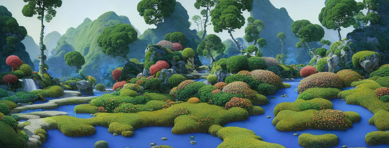 Image similar to a gorgeous very early spring series of lush islands separated by flower - lined streams, twisted gardens, painting by barlowe wayne maxfield parrish and marco mazzoni. tree no leaf!!!! china mountain village!! grey blue and very little light verdancy. the winding stone steps. ultra clear detailed. 3 d, octane render. turbulent blood lake.