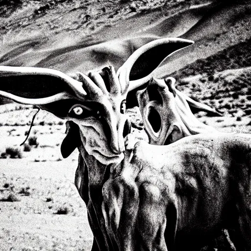 Prompt: photorealistic demonic creatures in the desert, film grain, washed out