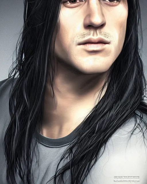 Image similar to portrait of tall, 3 3 - year - old handsome man with long black hair, and grey eyes, wearing black clothes, hyper realistic face, beautiful eyes, character art, art by mark brooks, hyperdetailed, cryengine, trending on artstation, digital art