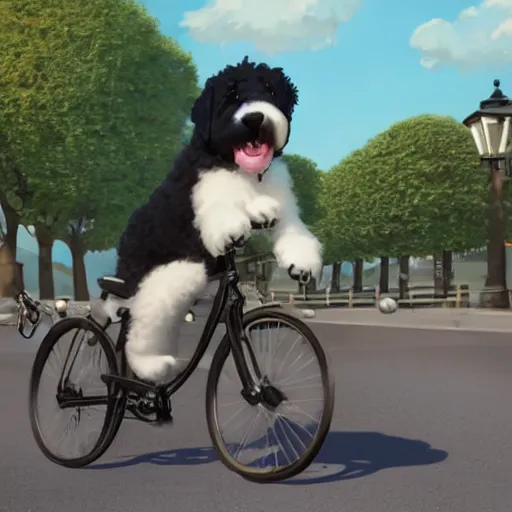 Prompt: a wholesome animation key shot of a black bernedoodle puppy riding a bike in paris, studio ghibli, pixar and disney painting, sharp, rendered in unreal engine 5, key art by greg rutkowski, bloom, dramatic lighting