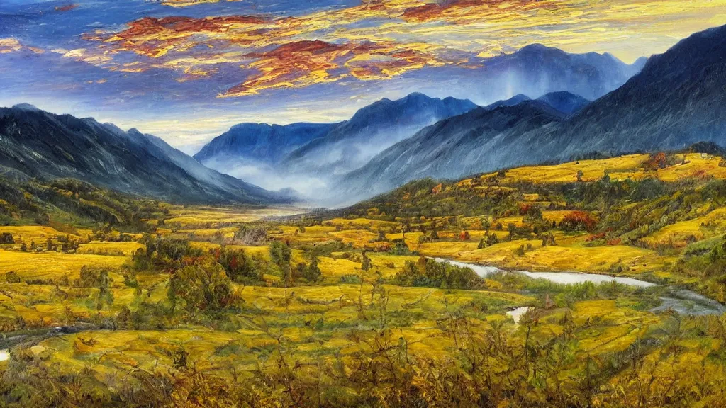 Image similar to The most beautiful panoramic landscape, oil painting, where the mountains are towering over the valley below their peaks shrouded in mist, the sun is just peeking over the horizon producing an awesome flare and the sky is ablaze with warm colors, lots of birds and stratus clouds. The river is winding its way through the valley and the trees are starting to turn yellow and red, by Greg Rutkowski, aerial view