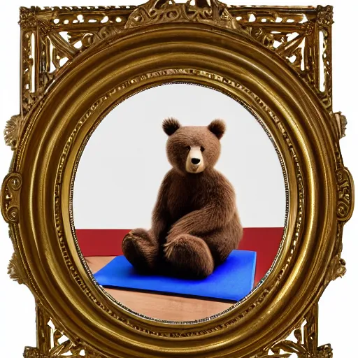 Image similar to a photo in a circular ornate golden frame, of a brown and red college mascot bear wearing blue jeans sitting on the bleachers inside the gym,