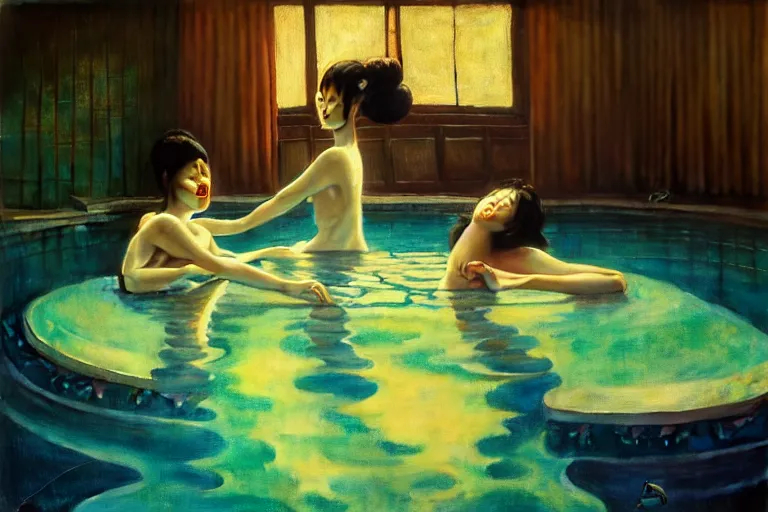 Image similar to Asian girls intertwined in a hallucinatory surreal dream, swimming pool, dark mood, John Singer Sargant, by Bastien Lecouffe-Deharme, Gustav Klimt, Adrian Ghenie Edward Hopper, trending on artstation, 4k, 8k, HD