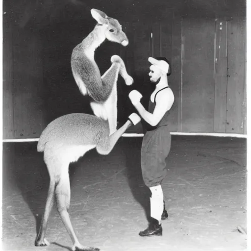 Prompt: Karl Marx boxing Kangaroo, photo, 1920,