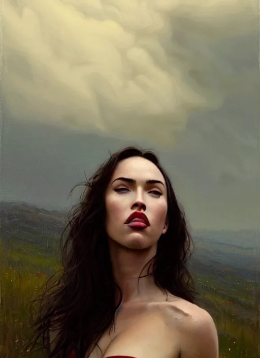 Image similar to megan fox kisses scarlet johansson countryside, calm, fantasy character portrait, dynamic pose, above view, sunny day, thunder clouds in the sky, artwork by jeremy lipkin and giuseppe dangelico pino very coherent asymmetrical artwork, sharp edges, perfect face, simple form, 1 0 0 mm