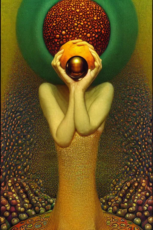 Image similar to art deco close up portait of mushroom head with big mouth surrounded by spheres, rain like a dream digital painting curvalinear clothing cinematic dramatic fluid lines otherworldly vaporwave interesting details epic composition by artgerm moebius francis bacon gustav klimt