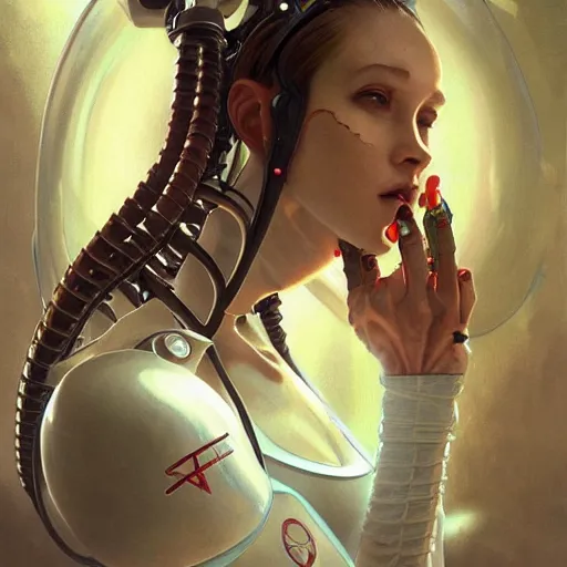 Image similar to An Alien Robotic Naughty Nurse with facial tattoos, artists portrait, biomechanical, Emergency Room, fantasy, highly detailed, digital painting, concept art, sharp focus, depth of field blur, illustration, art by artgerm and greg rutkowski and alphonse mucha