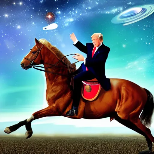 Prompt: donald trump riding a horse in space, hd photo