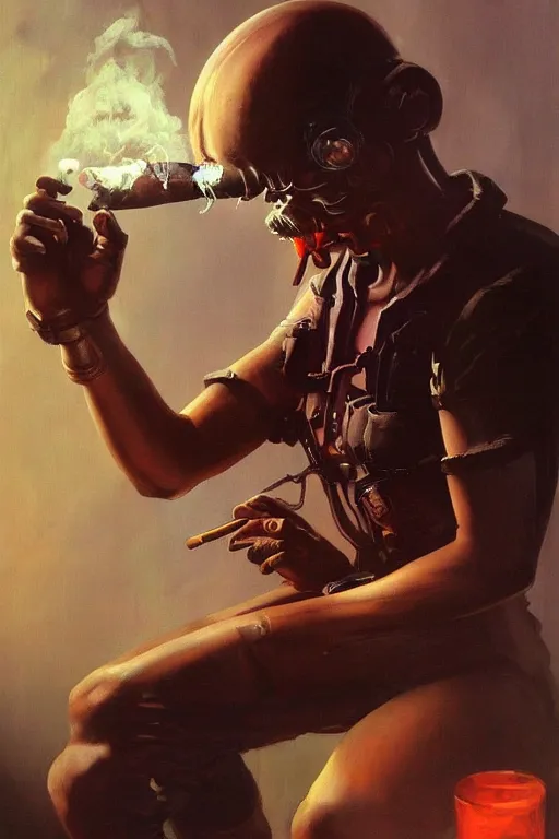 Image similar to An android smoking a cigar in a cyberpunk setting, by Frank Frazetta, Trending on Artstation, highly detailed,