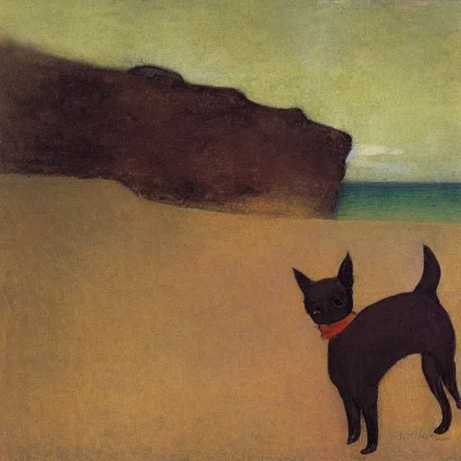 Image similar to a woman and her black and brown chihuahua at the sea by odilon redon