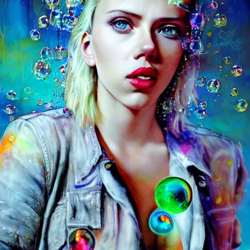 Image similar to teenage scarlett johansson as delirium from sandman, ( hallucinating colorful soap bubbles ), by jeremy mann, by sandra chevrier, by jean giraud and richard avedon, punk rock, tank girl, high detailed, 8 k