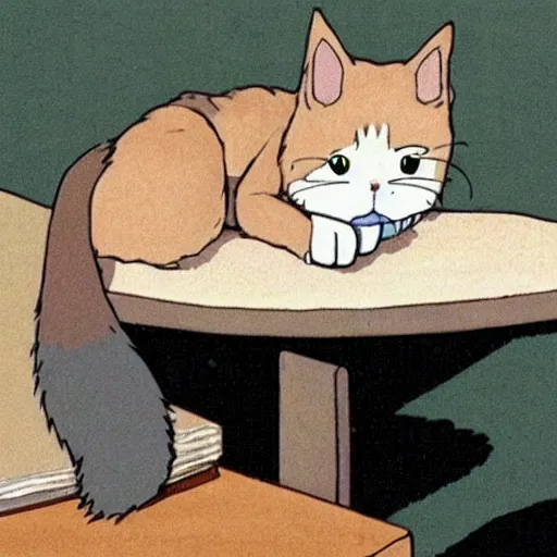 Prompt: a cat sleeping on a table, studio ghibli